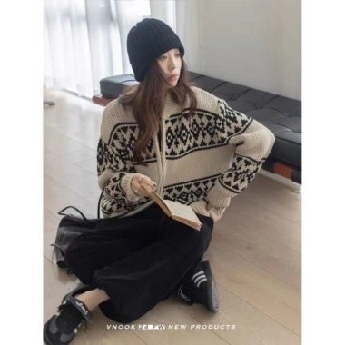 Dây Kéo Áo Len Jacquard Cardigan Retro - Áo Khoác Rời Lười Phong Cách Hàn Quốc, Giá ưu đãi 142.560₫ 4