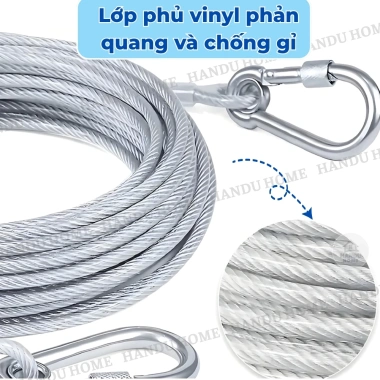 Dây phơi cáp thép 4.6m bọc vinyl chống gỉ, carabiner, chịu lực cao, treo quần áo 2