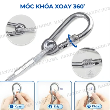 Dây phơi cáp thép 4.6m bọc vinyl chống gỉ, carabiner, chịu lực cao, treo quần áo 3
