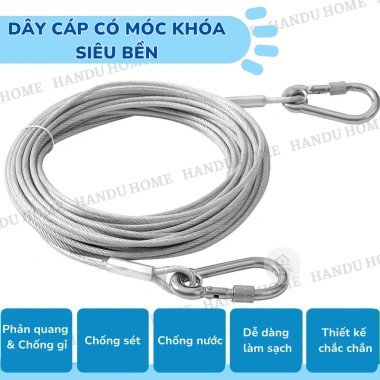 Dây phơi cáp thép 4.6m bọc vinyl chống gỉ, carabiner, chịu lực cao, treo quần áo 6