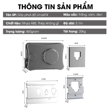 Dây phơi tàng hình LADOHOME LH-6.474 dài 5.1m - Treo tắm, ban công, ngoài trời, 225.000₫