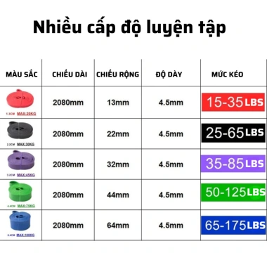 Dây Powerband Kháng Lực 5 Cấp Độ Cao Su Tự Nhiên - Gym Yoga Xà Đơn 63.000đ 4