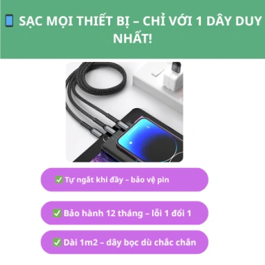 Dây Sạc Tự Ngắt 3 trong 1 100W 6A Micro USB và Type‑C, Sạc Nhanh, Giá 25.000₫