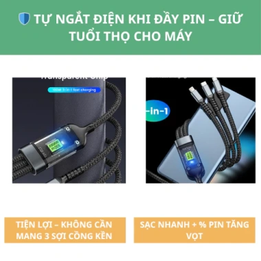 Dây Sạc Tự Ngắt 3 trong 1 100W 6A Micro USB và Type‑C, Sạc Nhanh, Giá 25.000₫