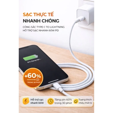 Dây sạc Type-C nhanh 60W 2m - Cáp bện gấp đôi, sạc siêu tốc, giá chỉ 53.000 VND 5
