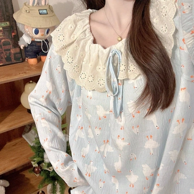 Dây xích cổ ngỗng đồ ngủ bé gái cotton dài tay mùa xuân hạ thu, giảm giá 159k