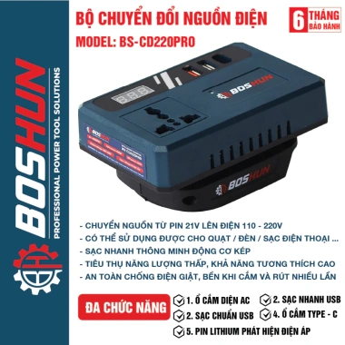 Đế Chuyển Đổi Nguồn Điện BOSHUN BS‑CD220PRO – Từ Pin 21V Lên 110‑220V, Chân Pin 4cm, Giá Ưu Đãi 298.000₫ 2