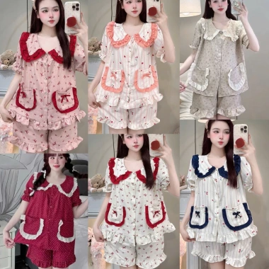 Deal Tết Bộ Đồ Ngủ Nữ JUSOKA Pijama Đũi Vân Mây Cổ Sen Viền Bèo Siêu Mềm 132.300đ