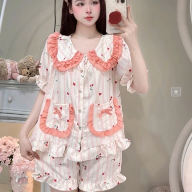 Deal Tết Bộ Đồ Ngủ Nữ JUSOKA Pijama Đũi Vân Mây Cổ Sen Viền Bèo Siêu Mềm 132.300đ