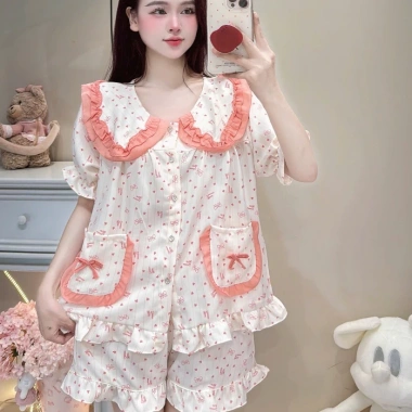 Deal Tết Bộ Đồ Ngủ Nữ JUSOKA Pijama Đũi Vân Mây Cổ Sen Viền Bèo Siêu Mềm 132.300đ
