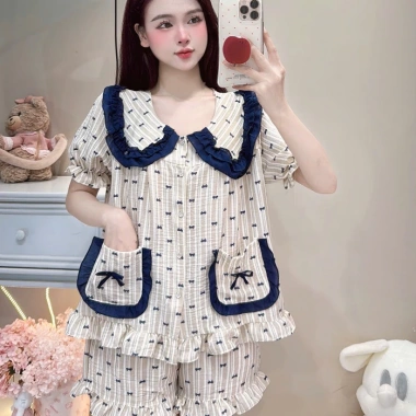 Deal Tết Bộ Đồ Ngủ Nữ JUSOKA Pijama Đũi Vân Mây Cổ Sen Viền Bèo Siêu Mềm 132.300đ