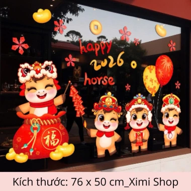 Decal dán cửa kính Tết 2.026 Ximi Shop - 2 tiểu đồng tử ngộ nghĩnh, chú ngựa tài lộc, giá rẻ 64.350₫ 6