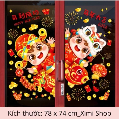 Decal dán cửa kính Tết 2.026 Ximi Shop - 2 tiểu đồng tử ngộ nghĩnh, chú ngựa tài lộc, giá rẻ 64.350₫ 9