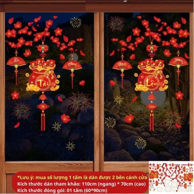 Decal dán kính Tết 2.026 chữ Việt, cành đào hũ tiền tài lộc Bính Ngọ - in 2 mặt, tĩnh điện, chỉ 50.000₫