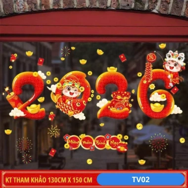 Decal dán kính Tết 2.026 chữ Việt, cành đào hũ tiền tài lộc Bính Ngọ - in 2 mặt, tĩnh điện, chỉ 50.000₫