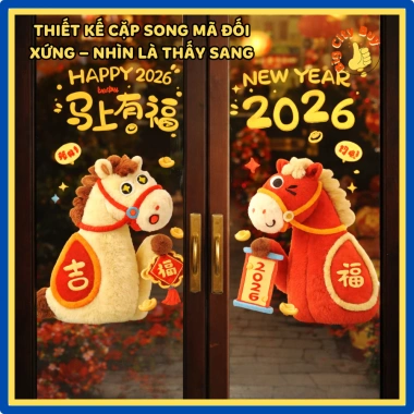 Decal Dán Kính Tết Song Mã Tài Lộc 2.026 Đối Xứng 2 Cánh Năm Mới 304DC - 109k