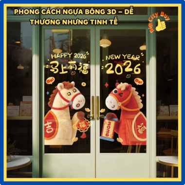 Decal Dán Kính Tết Song Mã Tài Lộc 2.026 Đối Xứng 2 Cánh Năm Mới 304DC - 109k