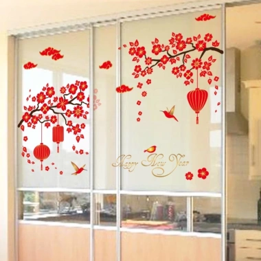Decal dán tường hoa đào đỏ - Trang trí Tết 2.024, giảm giá 45.000đ, chất lượng cao, dễ dán