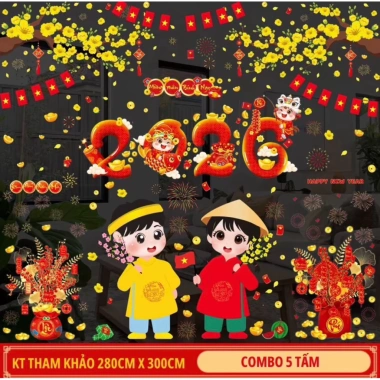 Decal Tết 2.026 2 mặt trang trí cửa kính - Hít tĩnh điện không keo, dán xịt nước đơn giản 2