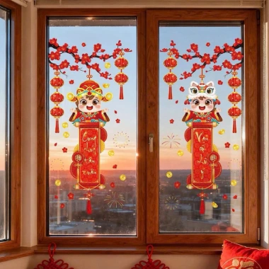 Decal Tết 2.026 2 mặt trang trí cửa kính - Hít tĩnh điện không keo, dán xịt nước đơn giản 10