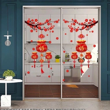Decal Tết dán tường, kính cành đào treo hũ vàng, keo dán, giảm giá 55.000₫