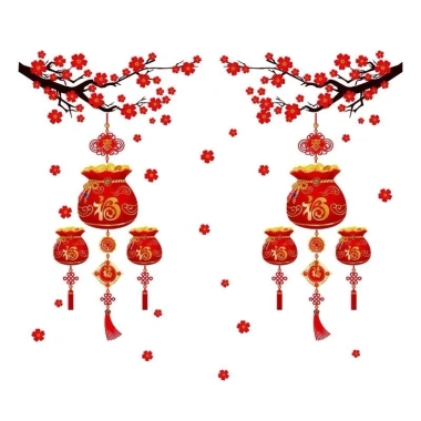 Decal Tết dán tường, kính cành đào treo hũ vàng, keo dán, giảm giá 55.000₫