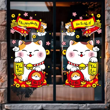 Decal Tết Hít Tĩnh Điện Mèo Thần Tài Cầm Vàng - Trang trí cửa kính giá ưu đãi 65k 5