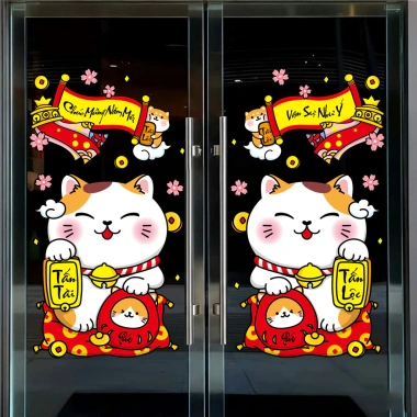 Decal Tết Hít Tĩnh Điện Mèo Thần Tài Cầm Vàng - Trang trí cửa kính giá ưu đãi 65k 6