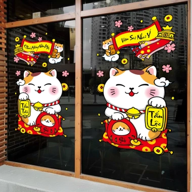 Decal Tết Hít Tĩnh Điện Mèo Thần Tài Cầm Vàng - Trang trí cửa kính giá ưu đãi 65k 7
