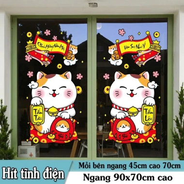 Decal Tết Hít Tĩnh Điện Mèo Thần Tài Cầm Vàng - Trang trí cửa kính giá ưu đãi 65k 9