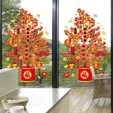 Decal Trang Trí Tết Hít Tĩnh Điện Chậu Đào Đông Đỏ - Phụ Kiện Mini Sắc Xuân 28.000đ