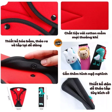 Đệm bọc dây an toàn ô tô HieuMinhCar HM12 cho bé, họa tiết ngộ nghĩnh, chất liệu mềm mại, bảo vệ an toàn