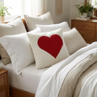 Đệm gối sofa Valentine giới hạn - Thêu trái tim đỏ trắng, mềm mại sang trọng, giảm giá 144.288 VND