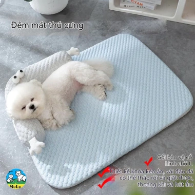 Đệm mát cho mèo, chó - Tháo giặt, chống trượt, gối đỡ cổ, mặt chấm bi