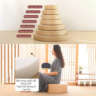 Đệm ngồi đan cói HOMELOVE Tatami thiền tròn dệt tay, đa kích thước, giá 318.000₫