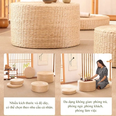 Đệm ngồi đan cói HOMELOVE Tatami thiền tròn dệt tay, đa kích thước, giá 318.000₫