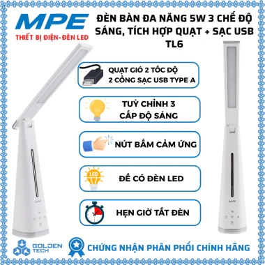 Đèn bàn đa năng 5W TL6 MPE – 3 chế độ sáng, quạt, sạc USB, nút cảm ứng, hẹn giờ tắt