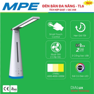 Đèn bàn đa năng 5W TL6 MPE – 3 chế độ sáng, quạt, sạc USB, nút cảm ứng, hẹn giờ tắt