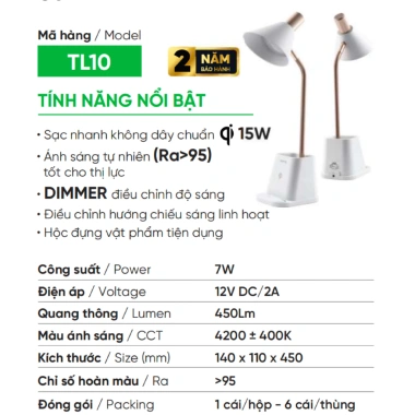Đèn bàn đa năng bảo vệ thị lực, sạc không dây, hộc bút TL10, nút Dimmer MPE - 826.335₫ 4