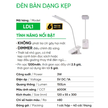 Đèn bàn kẹp 1.8W pin sạc 1.200mAh, 5h liên tục LDL1 MPE, nút dimmer - 281.821₫