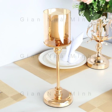 Đèn Cầy Bắc Âu Chân Kim Loại Mạ Vàng, Kính Hổ Phách – Trang Trí Bàn Ăn & Phòng Khách, Giảm Giá 157.500₫ 10