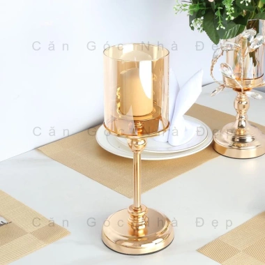 Đèn Cầy Bắc Âu Kim Mạ Vàng, Kính Hổ Phách 25-35cm - Ánh Sáng Ấm Áp cho Phòng Khách