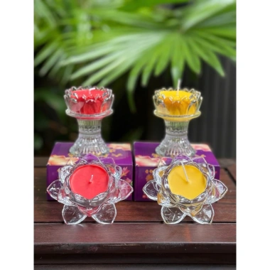 Đèn cầy nến bơ sen lưu ly 12h cháy liên tục - Đỏ & Vàng, cặp giá ưu đãi 110k