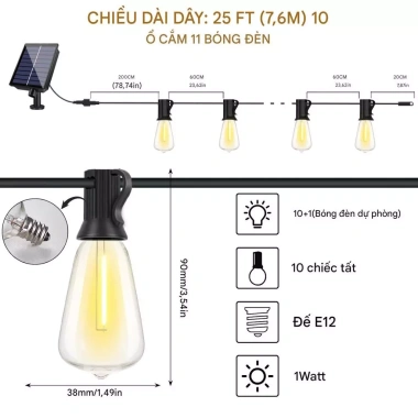 Đèn dây LED năng lượng mặt trời ST38 – Chống thấm nước, tự động phát sáng 7.6‑30m, giá ưu đãi 213.589₫ 10