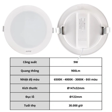 Đèn LED âm trần RPL-12W 3.000K-6.500K MPE chính hãng, tiết kiệm năng lượng, giảm còn 186.000₫ 10