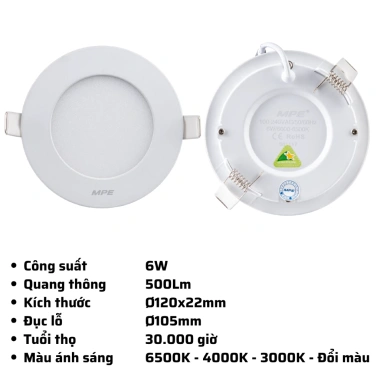 Đèn LED âm trần RPL 6-24W 3.000K/4.000K/6.500K MPE chính hãng - Giá chỉ 120.000 VND, giảm 22% 10