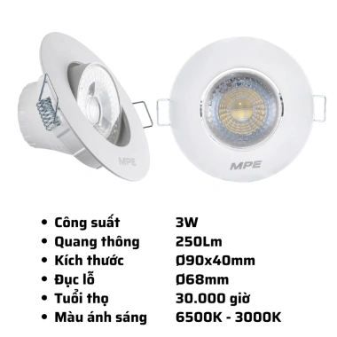 Đèn Led Downlight Âm Trần MPE Điều Chỉnh Góc Chiếu 3-9W 6.500K/3.000K Giá Ưu Đãi 68k