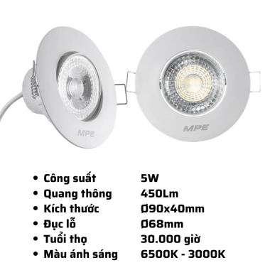 Đèn Led Downlight Âm Trần MPE Điều Chỉnh Góc Chiếu 3-9W 6.500K/3.000K Giá Ưu Đãi 68k