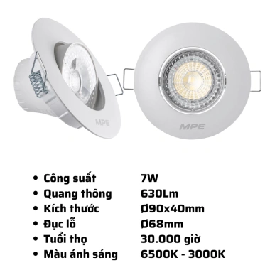 Đèn Led Downlight Âm Trần MPE Điều Chỉnh Góc Chiếu 3-9W 6.500K/3.000K Giá Ưu Đãi 68k