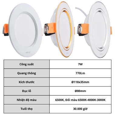 Đèn LED Downlight âm trần nhôm viền trắng vàng bạc 7-12W 6.500K đổi 3 màu - Giá 87.828₫ 9 Đèn LED Downlight âm trần nhôm viền trắng vàng bạc 7-12W 6.500K đổi 3 màu - Giá 87.828₫ 9